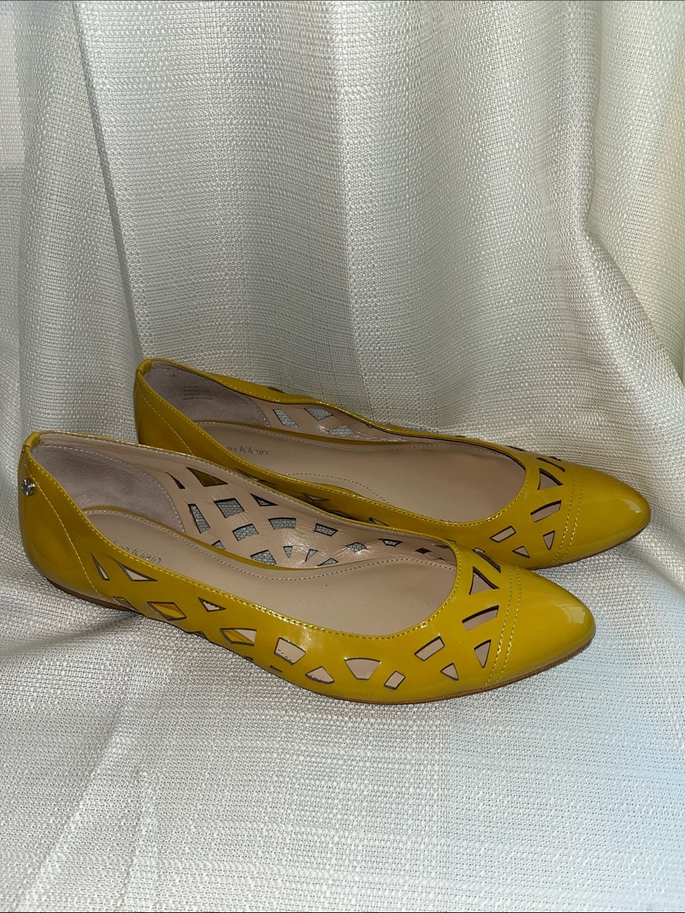 Calvin Klein Yellow Patent Laser-Cut Pointed Ballet Flats